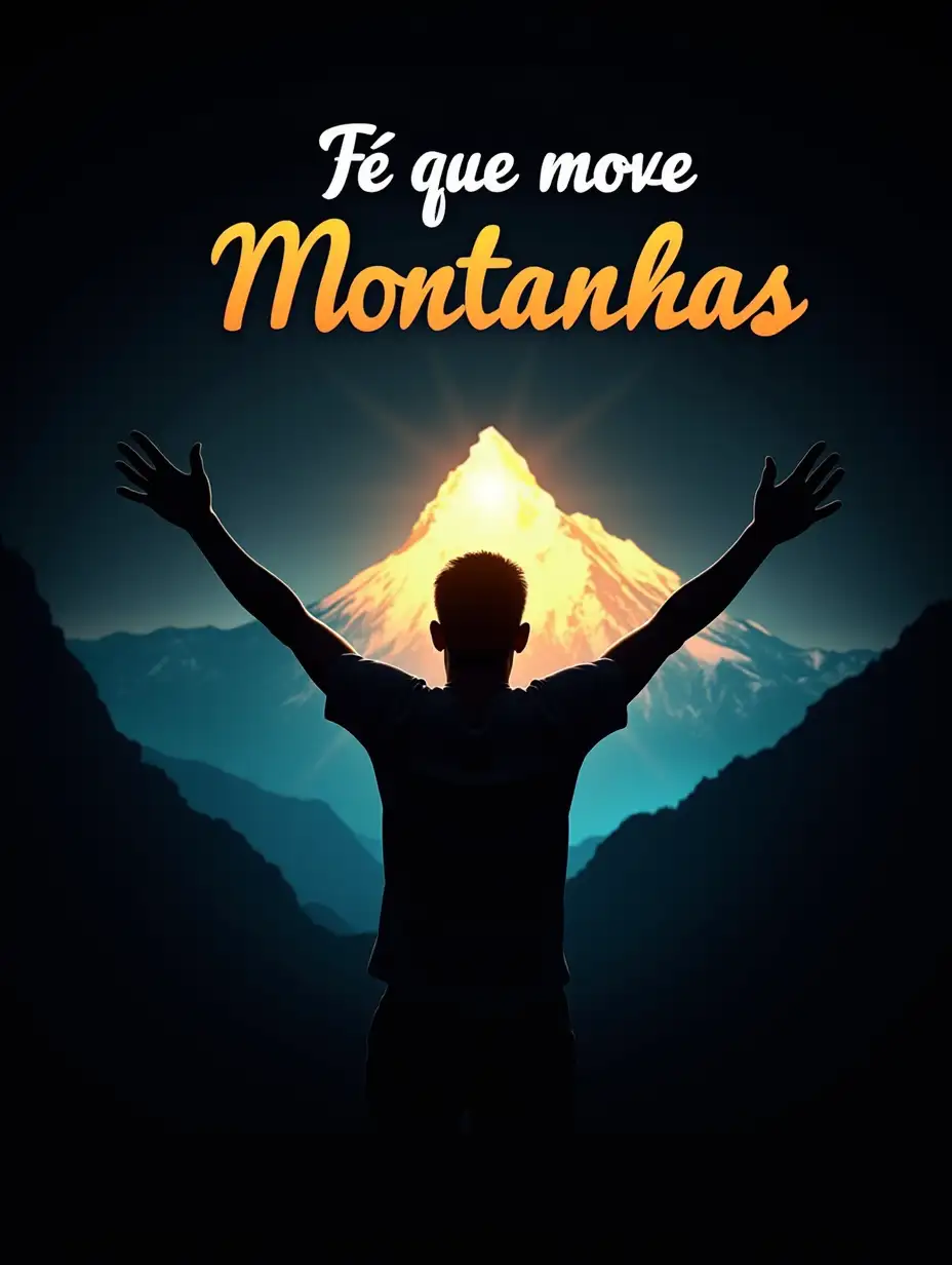 (((Create a photography on a black background, realistic style, silhouette of a person with arms raised, in front of a large mountain, with rays of light crossing the scene, showing the strength of faith, use the colors: Electric Blue , Vibrant Orange and Neon Yellow. The phrase “ Fé que Move Montanhas” is at the top, in a modern and stylized typography, following the curve of the sky.)))