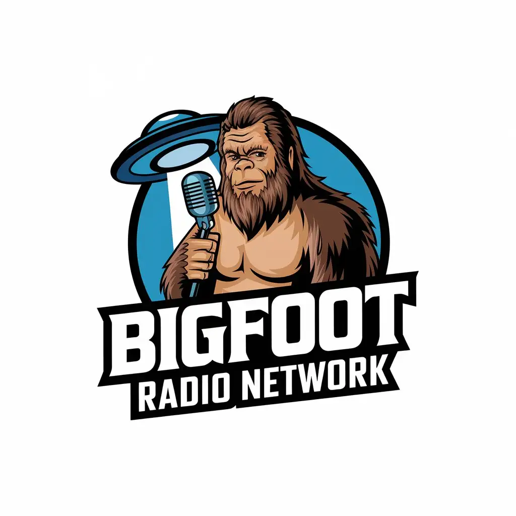 LOGO Design for Bigfoot Radio Network Bigfoot UFO and Microphone with a Modern Entertainment Theme