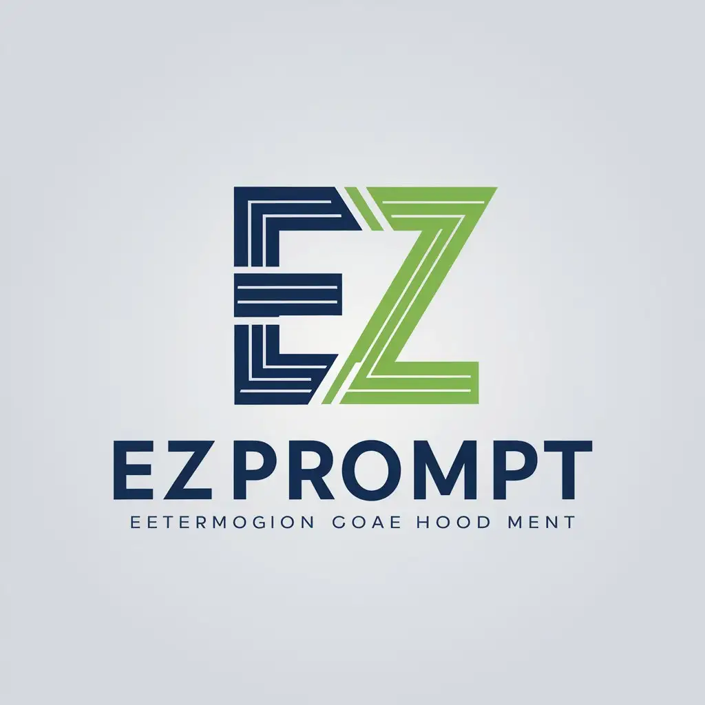 a vector logo design,with the text "EZPrompt", main symbol:a lettermark logo using the initials 'EZ' as the primary design element. The lettermark should be sleek, modern, and professional, with a focus on the Montserrat Bold font to ensure a clean and impactful look. Design Elements: The 'EZ' should be stylized to reflect the brand’s focus on technology and innovation, possibly incorporating subtle design elements like a circuit pattern, geometric shapes, or abstract lines within or around the letters. Color Usage: Use Blue as the dominant color for the 'EZ' initials to evoke trust and professionalism. Incorporate Green as an accent within the design to symbolize growth and innovation. White can be used for the background or as a contrasting element to enhance clarity and modernity. Tagline Placement: If space allows, you may include the tagline 'Smart Tools for Smarter Research' beneath or alongside the lettermark in a smaller, complementary font. Versatility: Ensure the logo is versatile, maintaining its visual impact and readability across various formats, including digital and print, and at different sizes.,Moderate,be used in Technology industry,clear background