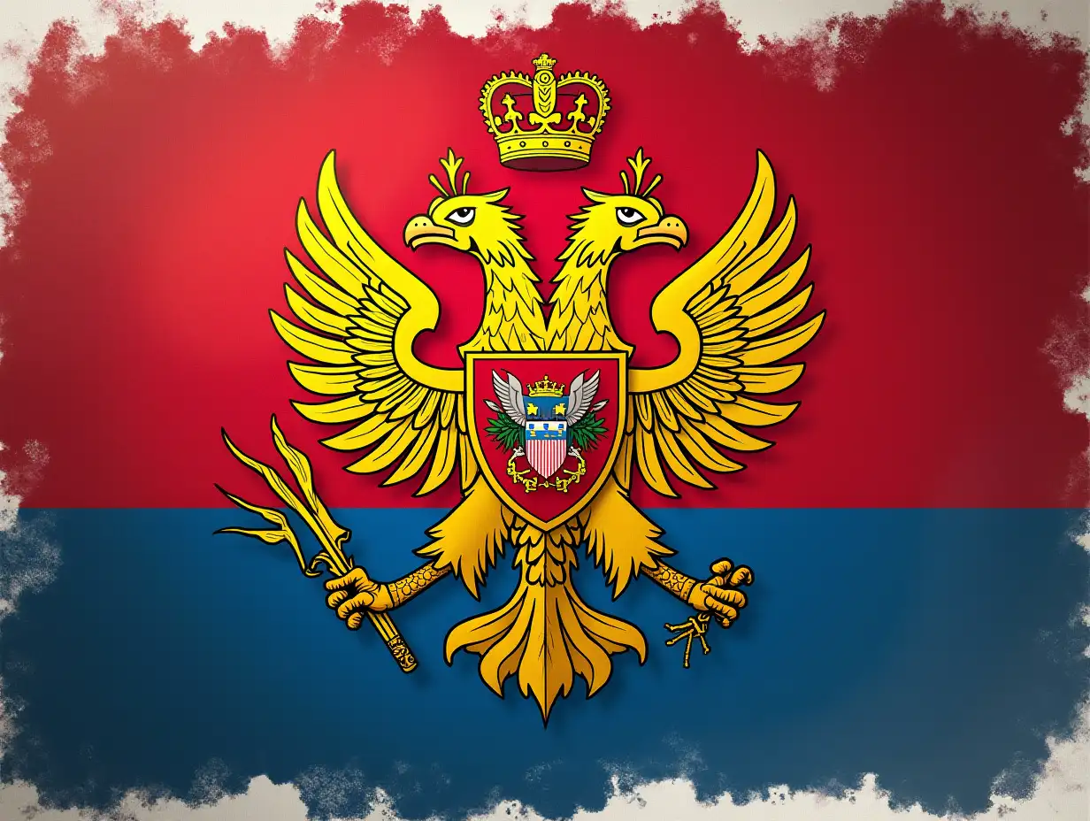 Create a flag for the country of Kesatuan Branos, an imaginary country with an ideology that is a mix of Socialism, communism, liberal and capitalism and with a national symbol like Prussia bird, Garuda, and two-headed eagle make it without stains and look like an official country