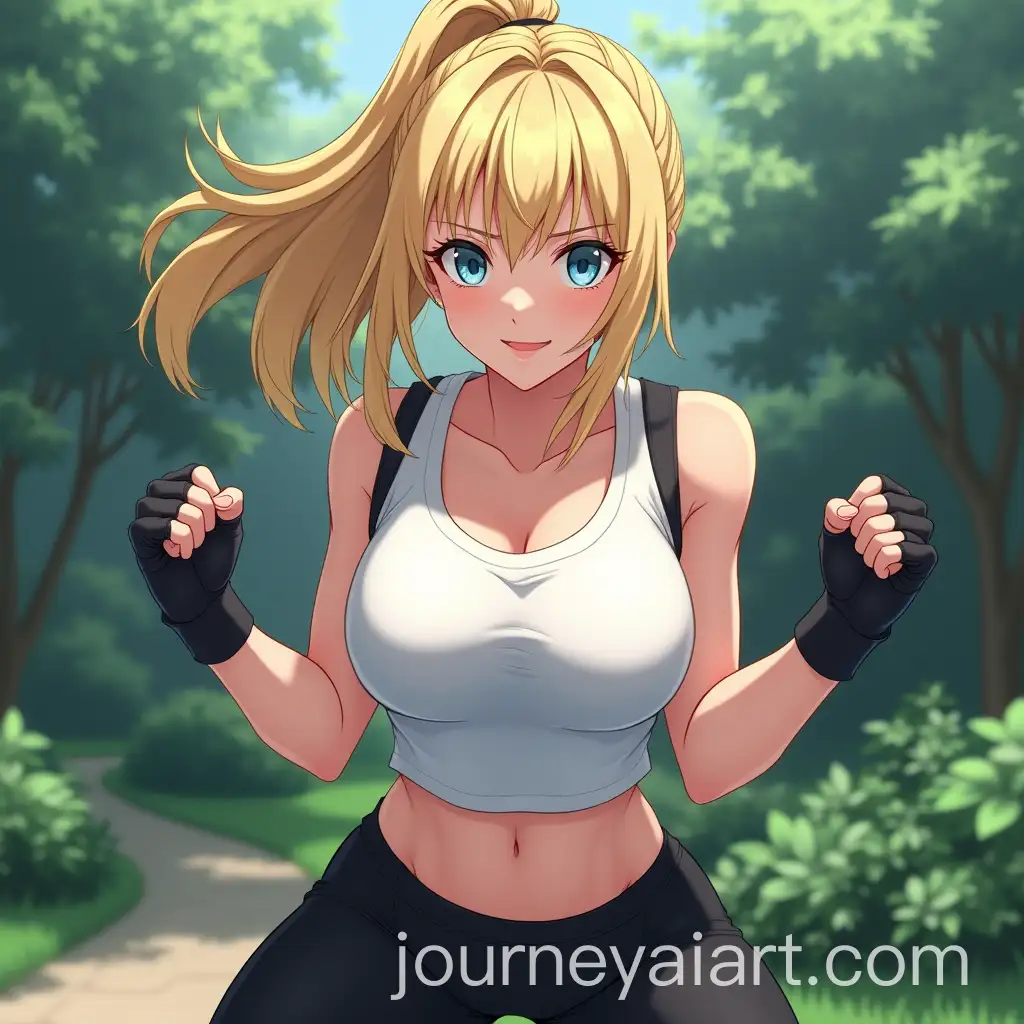 Blonde-Woman-in-Combat-Pose-in-a-Garden-with-Tight-Black-Pants-and-Gloves