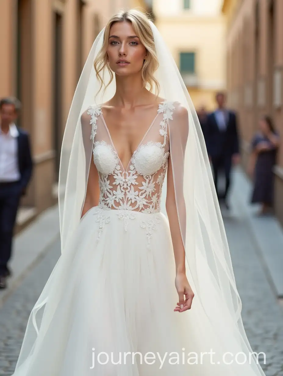 Bride-Walking-Through-the-Streets-of-Rome-in-Wedding-Dress-with-Organza-Sleeves-and-Lace-Veil