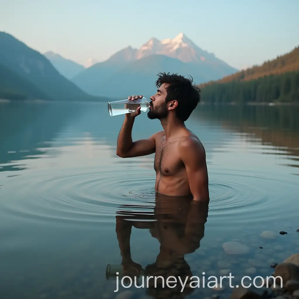 Man-Drinking-Water-from-a-Serene-Lake