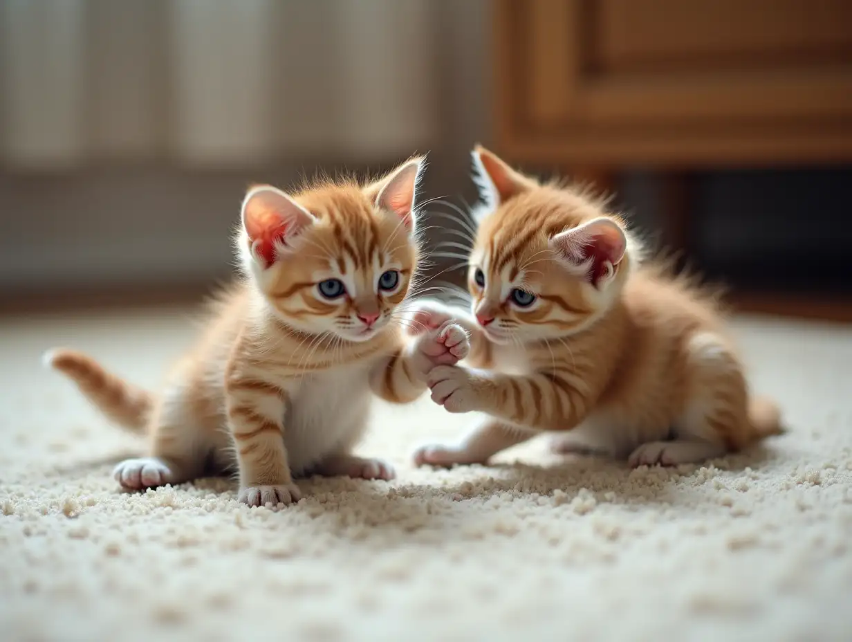 RAW photograph, Two kitten playing on the carpet