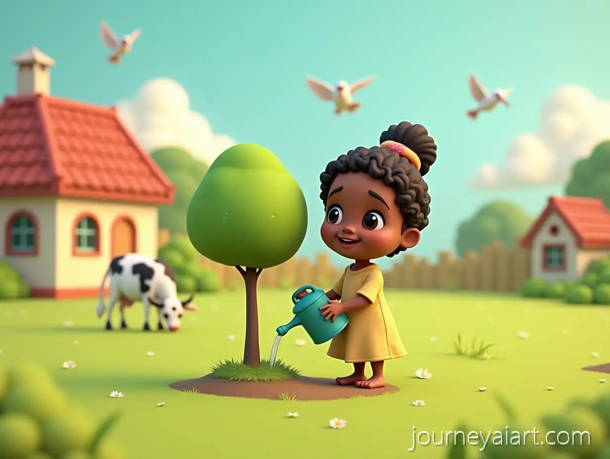 Young-Girl-WateringAI-Art-Prompt-Expansion-a-Tree-in-a-Village-Schoolyard-with-Birds-and-Cow-in-the-Background