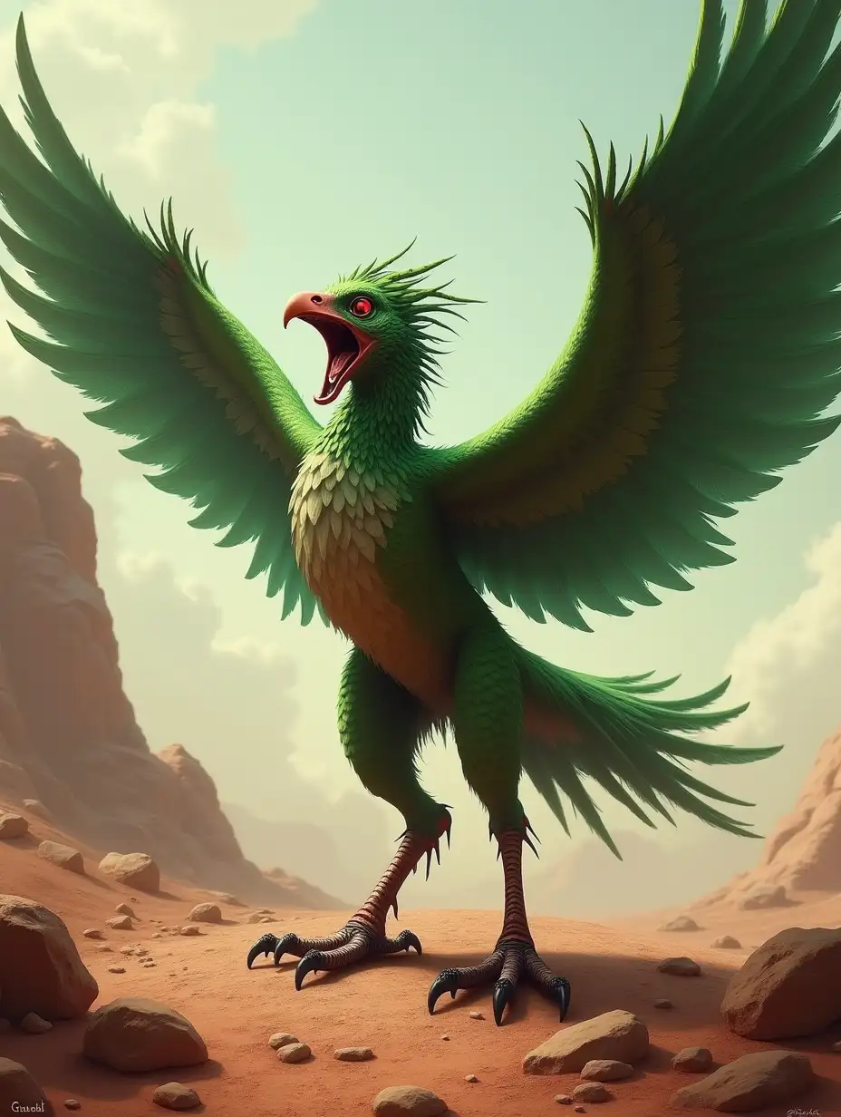 Martian Phoenix, four wings, four legs, green feathers, red eyes, screaming with open beak, stands on Martian ruins