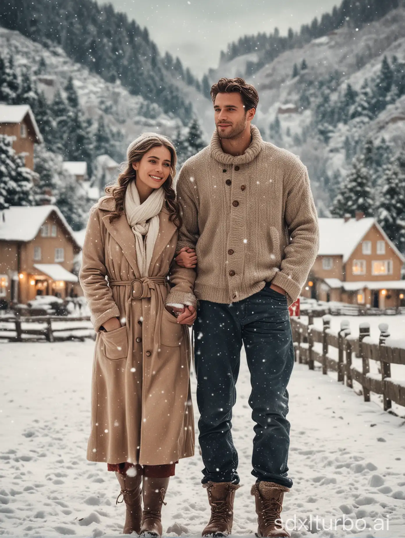 Romantic-Winter-Walk-Couple-in-a-Snowy-Village