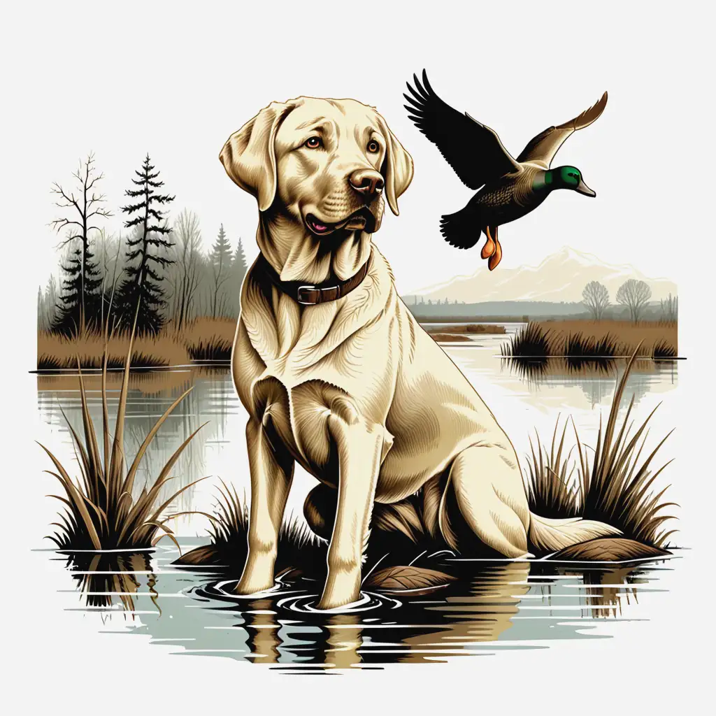 Vintage Duck Hunting Illustration with Labrador Retriever on White Background