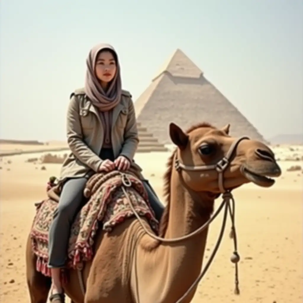 a photo of korean young female (oval face) riding camel near the great sphinx, with pyramid of Khufu in the background