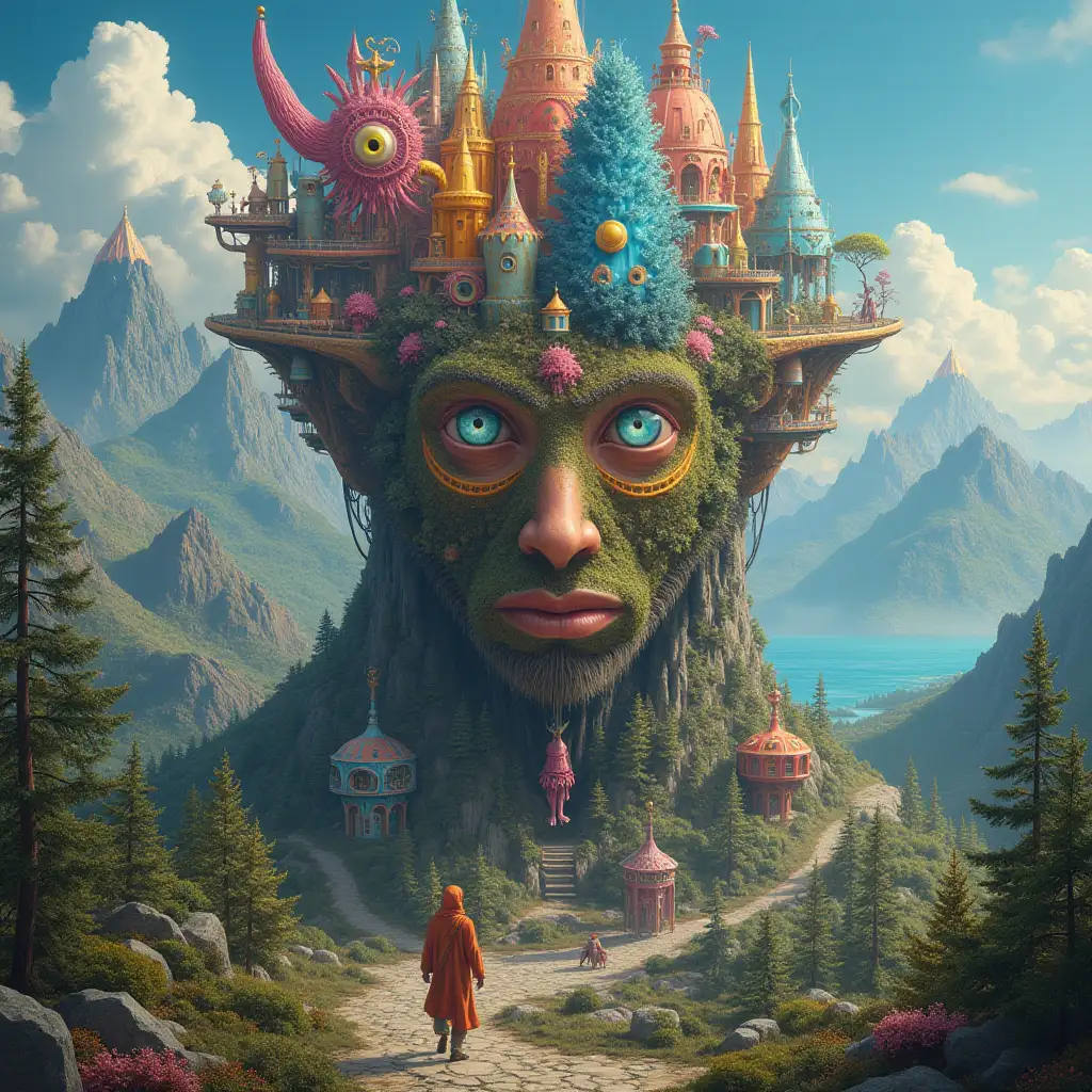 Ultradetailed hyperrealistic portrait  Multiverse time traveler with various strange beings with futuristic glass towers The elaborately detailed, colorful forested , mountains and sea in the background