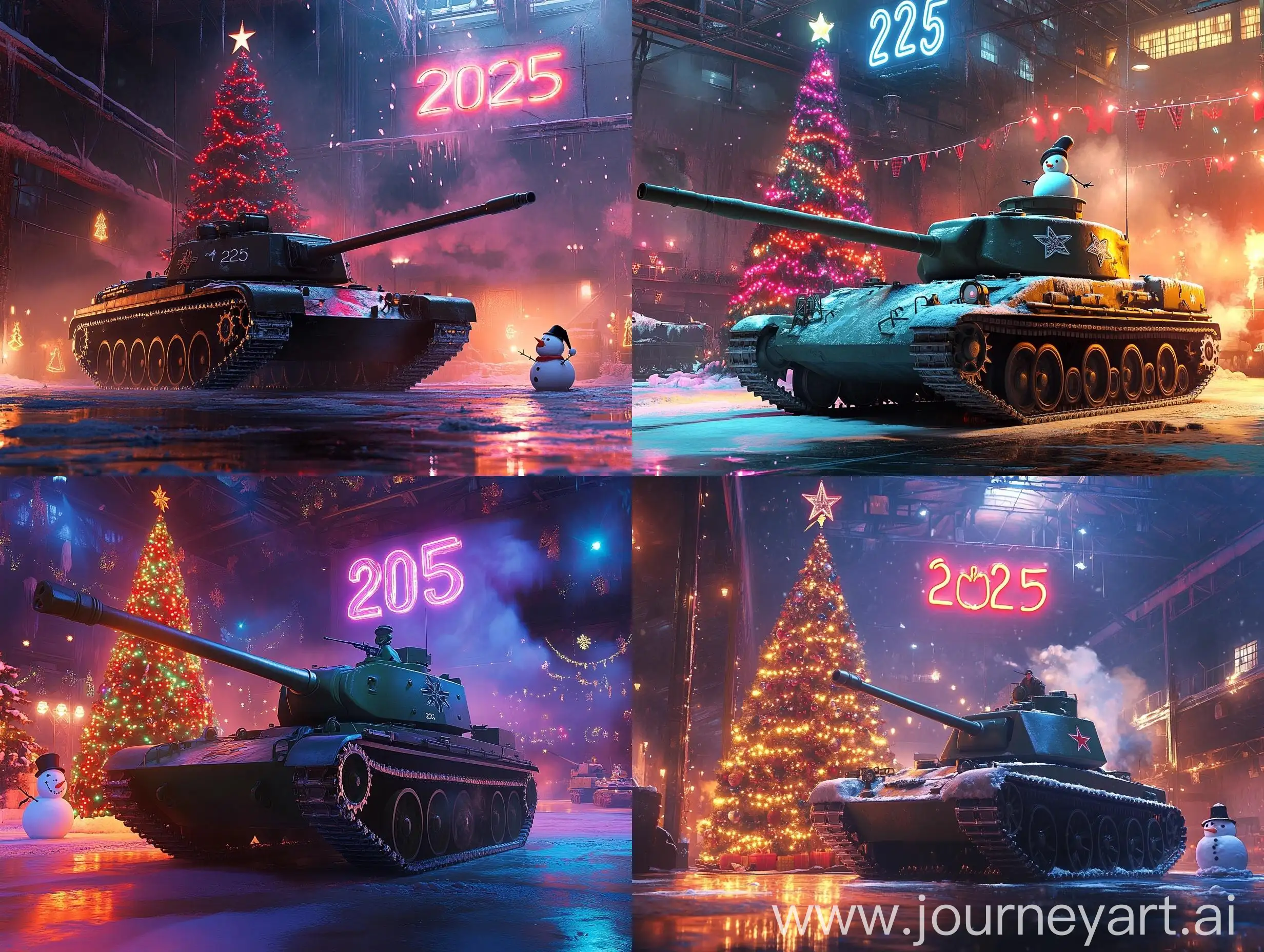 T34-Tank-in-New-Years-Hangar-with-Illuminated-Christmas-Tree-and-Snowman