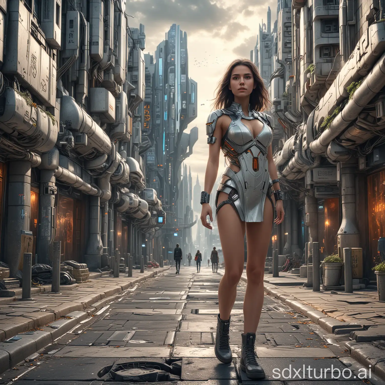 A beautiful girl Standing in a 3000 year future city in a sidewalk , hdr, 8k, ultra realistic