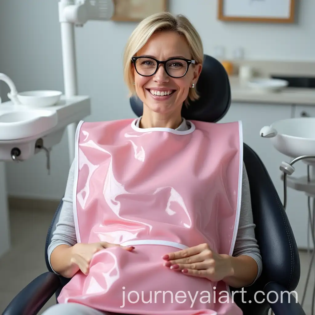 Blonde-Woman-in-Dentist-Chair-Wearing-Pink-PVC-Mealtime-Bib