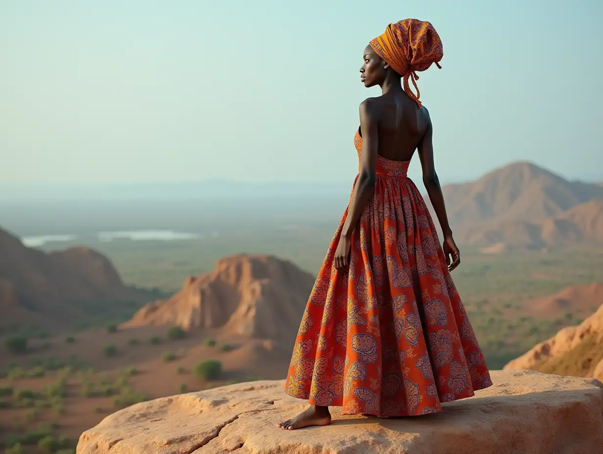 AI African woman with headscarf and long dress on a rock 4k resolution vibrant