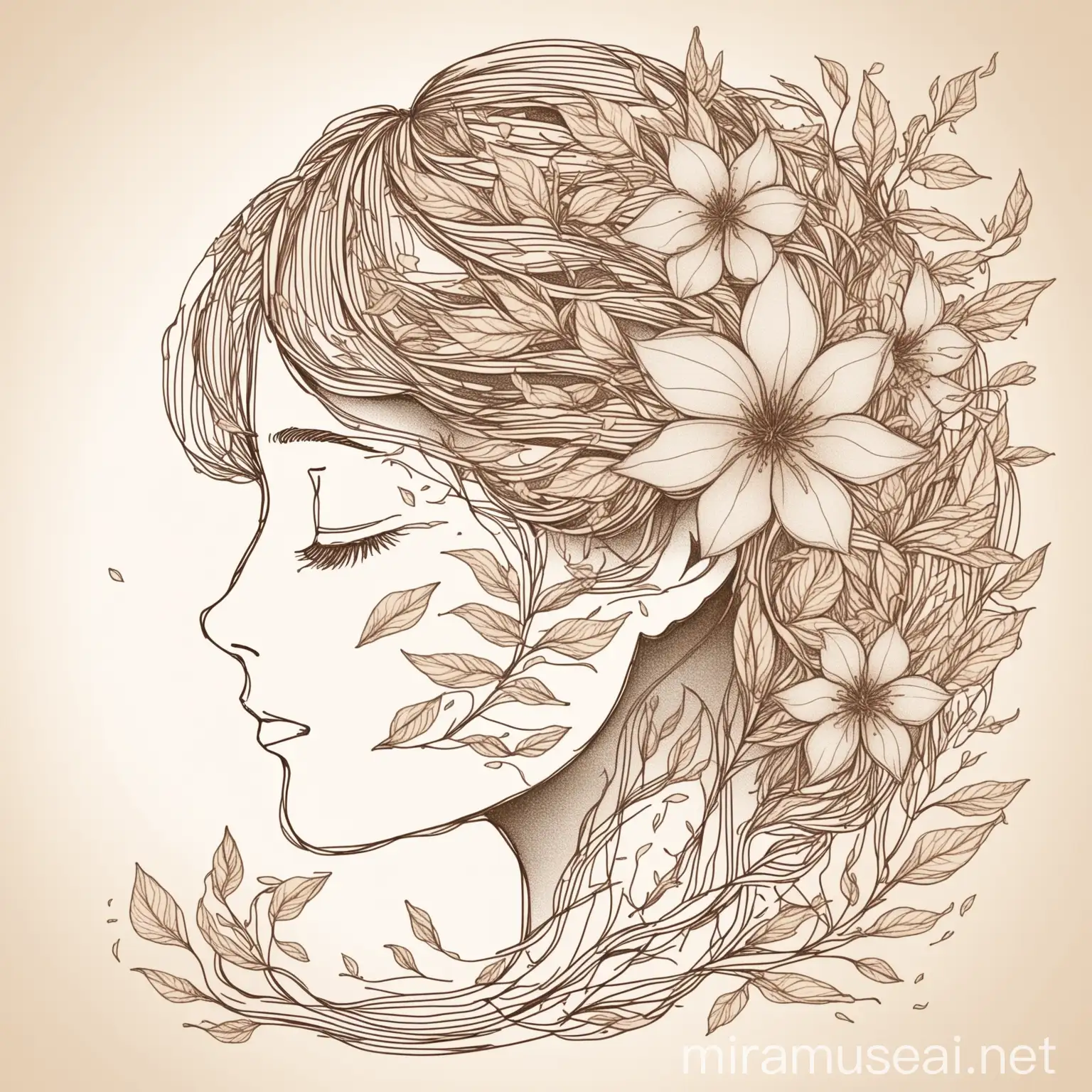 Line Art Profile of Face with Tea Leaves and Flower Petals