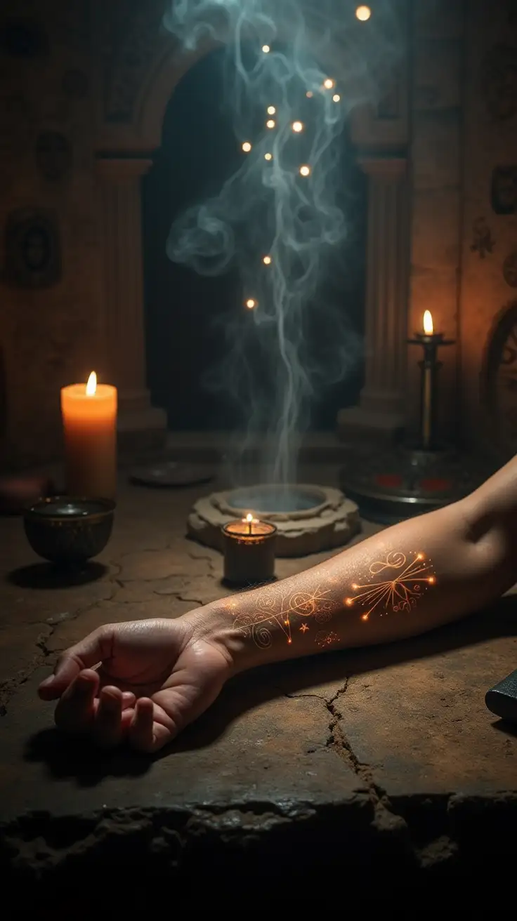A mystical and atmospheric studio setting featuring a close-up of a tattooed forearm resting on an ancient altar or stone slab, illuminated by candlelight. The tattoo is a sacred geometric design—spirals, interwoven lines, or ogham-style markings—glowing faintly as if vibrating with energy. Ethereal light trails or energy waves subtly rise from the lines, suggesting movement or resonance. In the background, shadowy symbols and sacred geometry float in the air, as if suspended in time. The space should feel timeless—part ancient temple, part metaphysical laboratory. Include hints of ancestral presence or spiritual energy (e.g. translucent faces in smoke, or stone carvings watching from the walls). Colours are deep and elemental—earthy browns, golds, dark blues, and soft glowing white.Include the mood of sacred ceremony, energetic transmission, and the remembrance of lost knowledge.