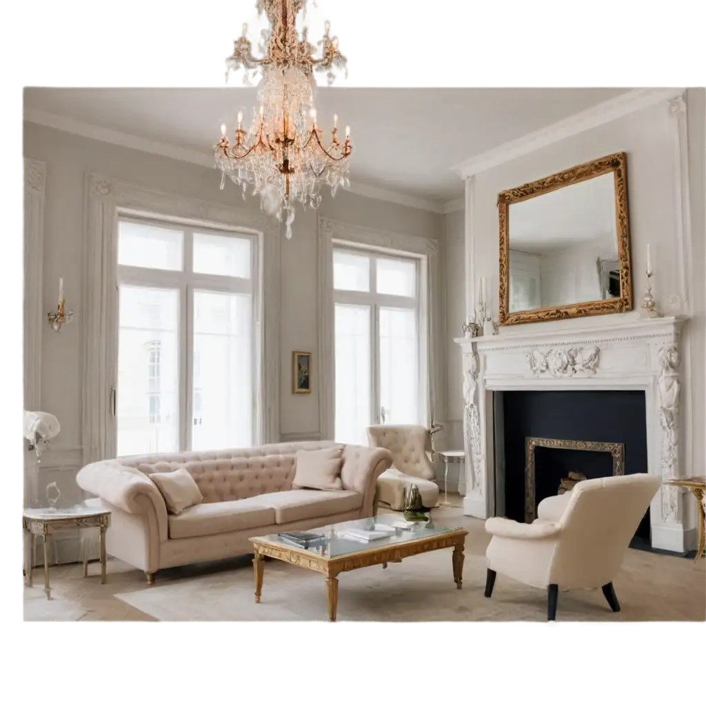 neoclassical furniture, light colors, fireplace, glass chandelier