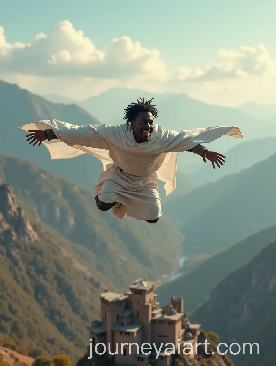 Black-Man-Flying-in-a-White-Cloak-Over-Mountains-and-a-Castle-on-Cardboard