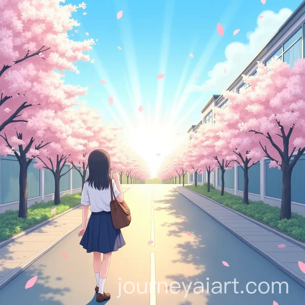 Young-Girl-Walking-Towards-Japanese-School-Under-Cherry-Blossoms-on-a-Bright-Morning