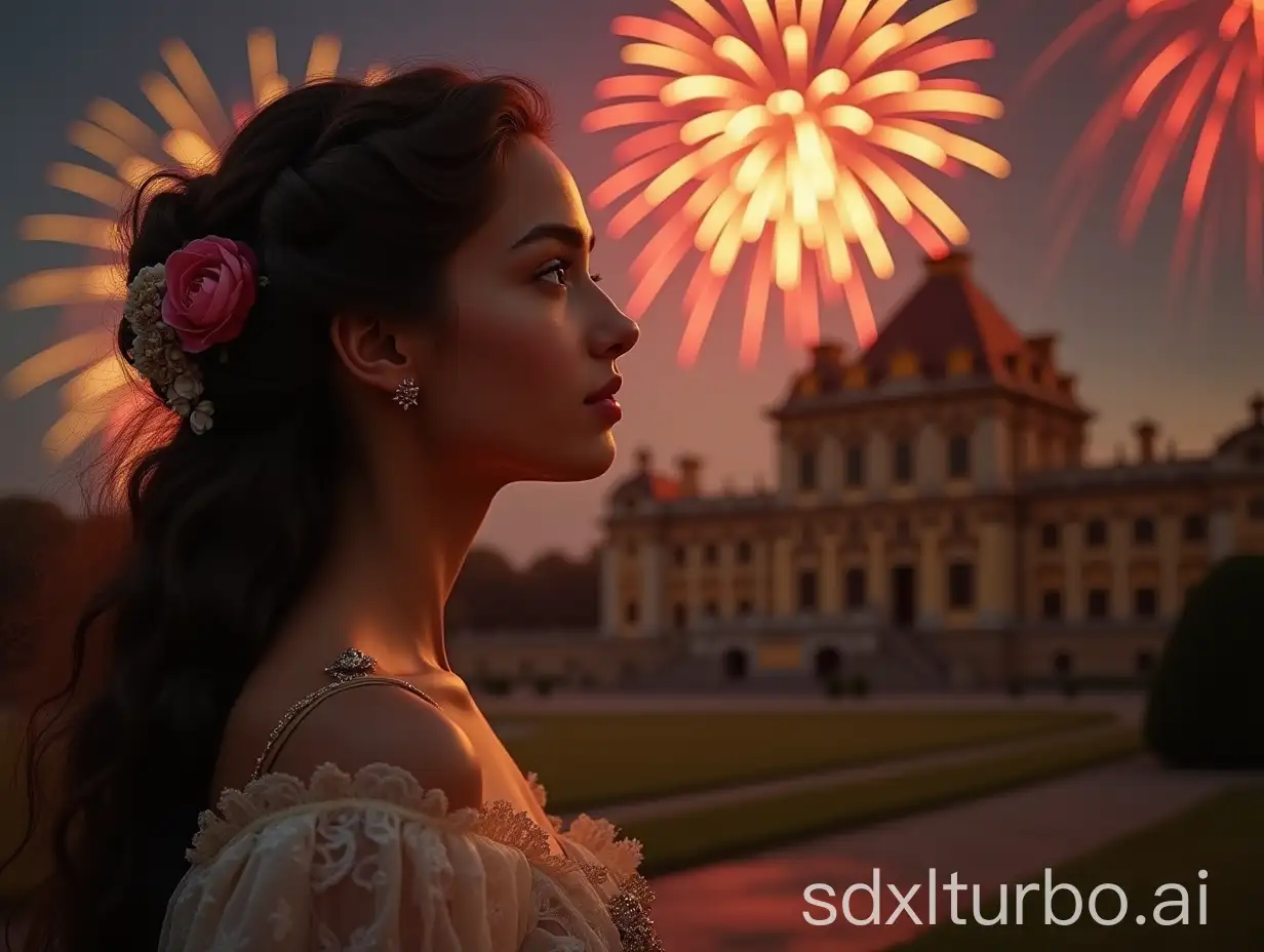 Young-Woman-in-Baroque-Dress-Admiring-Fireworks-Over-Versailles-Palace