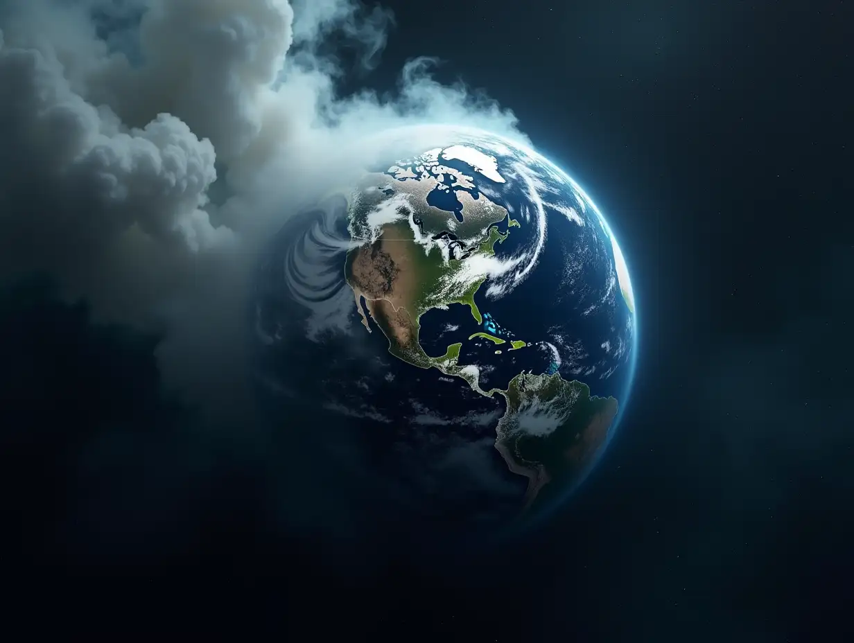 the planet earth in space with smoke being deteriorated