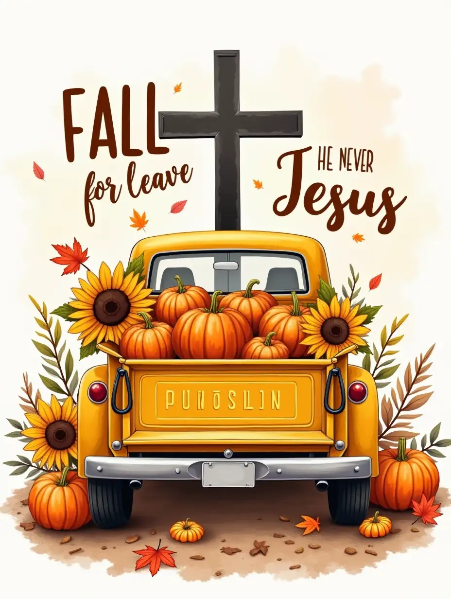 Vector, Oil painting Art. A yellow pickup truck overflowing with pumpkins and sunflowers. A black cross stands prominently in the background, surrounded by autumn leaves. The phrase 'FALL FOR JESUS' is written in bold, cursive script above the truck, and the phrase 'HE NEVER LEAVES' is written below. The image should have a warm, inviting aesthetic with detailed textures and vibrant colors. Elements such as the texture of the truck, the ripples in the pumpkins, and the veins in the leaves should be clearly visible. The background should be a subtle watercolor wash with soft, blended colors.