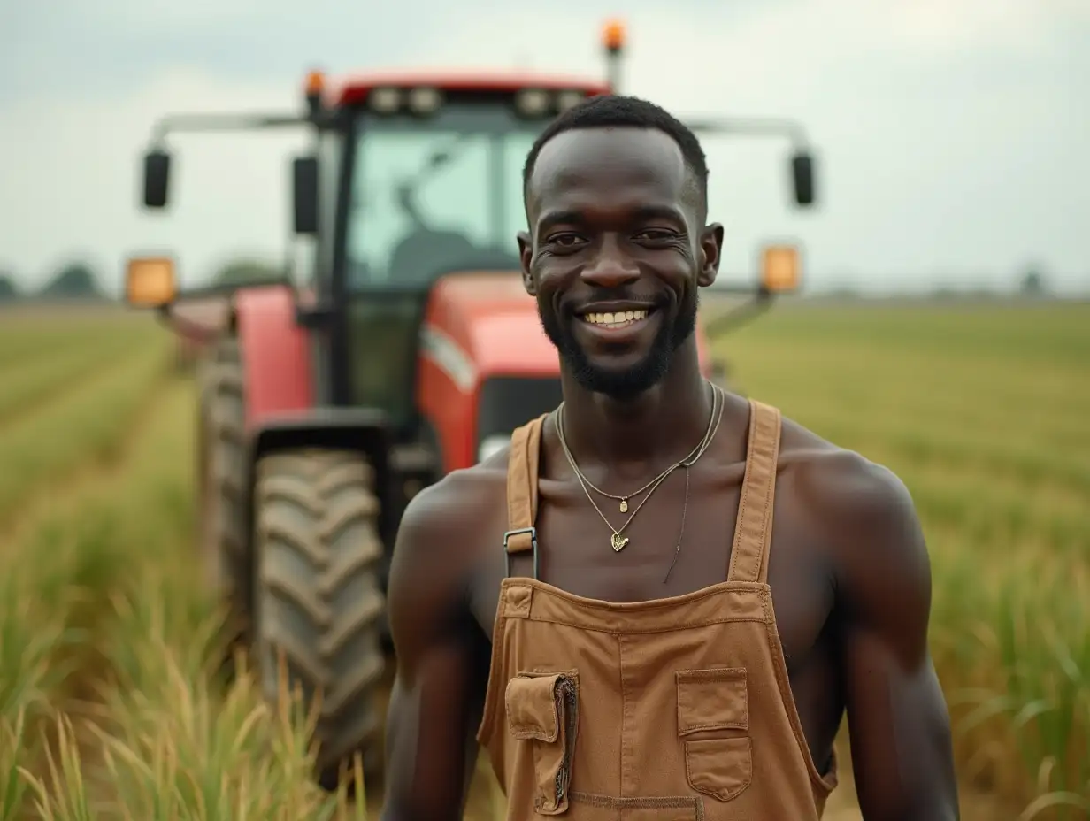 Black african farmers, farming, with farming tractor and the background and crops