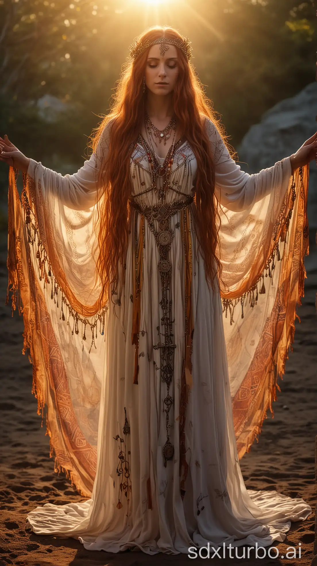 an eerie female dancer with very long reddish flowing hair, veiled,  brown eyes, long colorful adorned tunic with amber runes, mystical gem necklaces, sunrise in the back, enchanting atmosphere, clear lighting, aerial perspective, intricate costume details, sacred geometry, harmonious composition, idyllic scenery, otherworldly ambiance