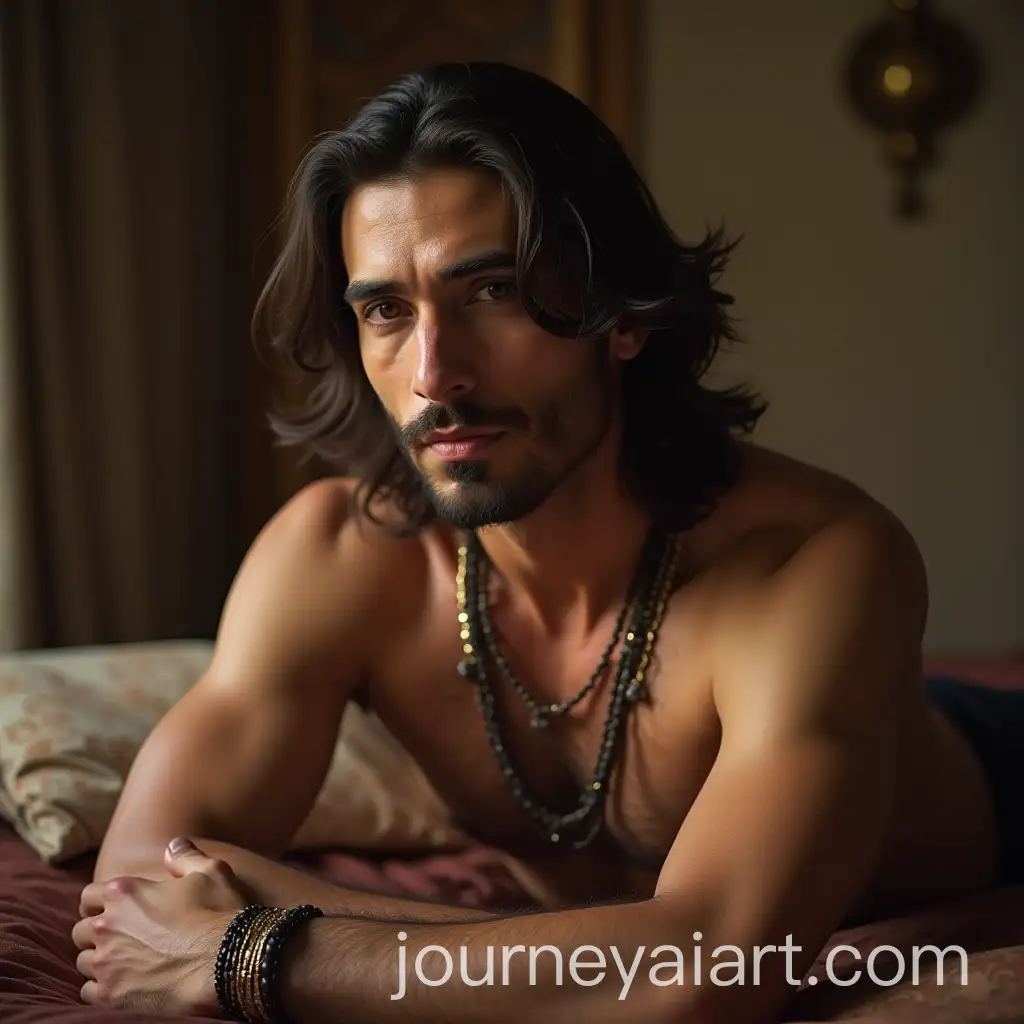 Handsome-Turkish-Man-in-Indian-Kings-Outfit-Shirtless-on-Bed