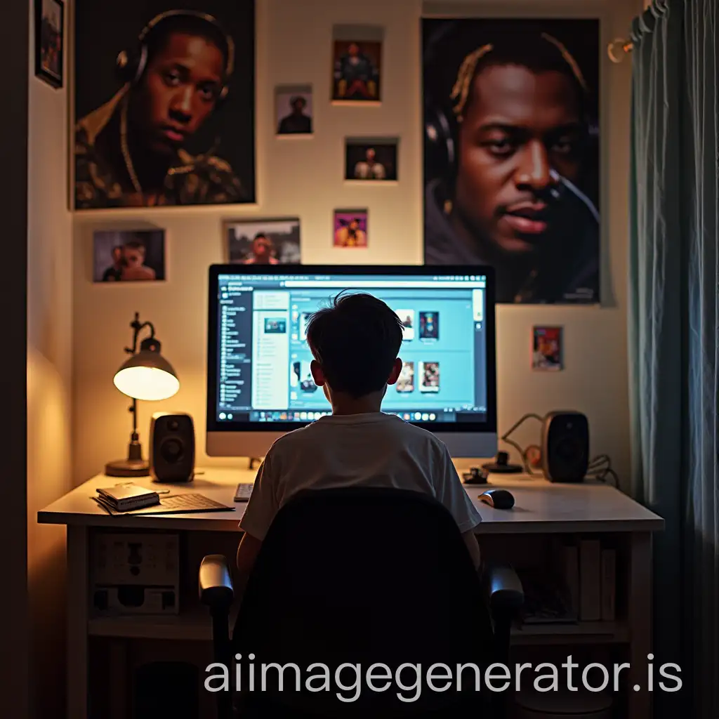 makes a child in front of his/her desk in front of a computer the walls of his/her room are filled with large posters of rap his/her parents watch him/her through the crack of the door with crossed arms