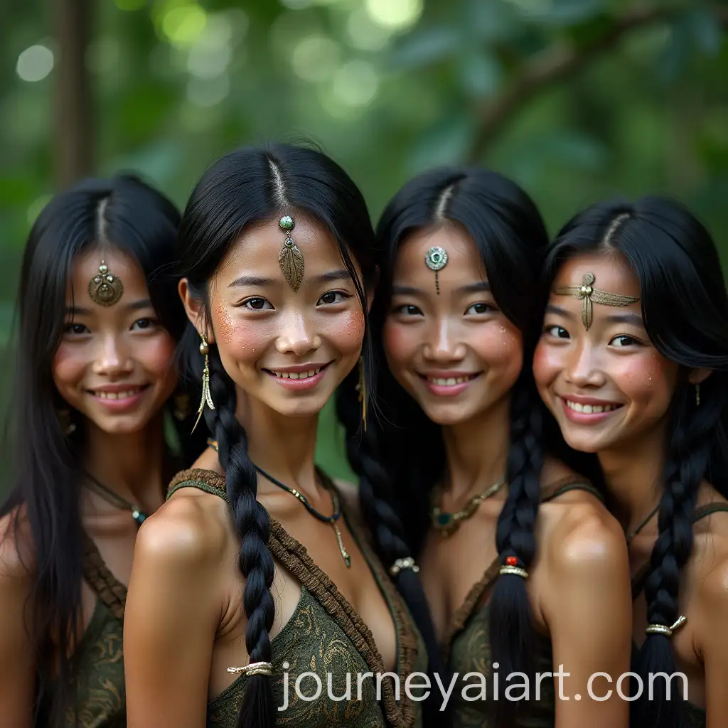 Four-Asian-Tribe-Girls-Smiling-with-Tribal-Beadwork-and-Feathered-Accessories