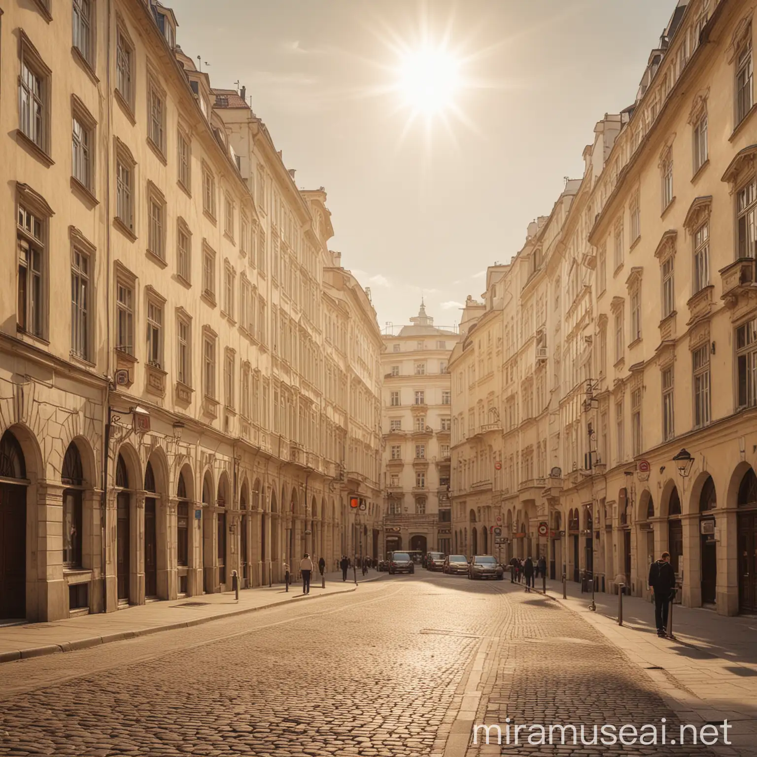 Sunlit Vienna Street with Old Beige Buildings