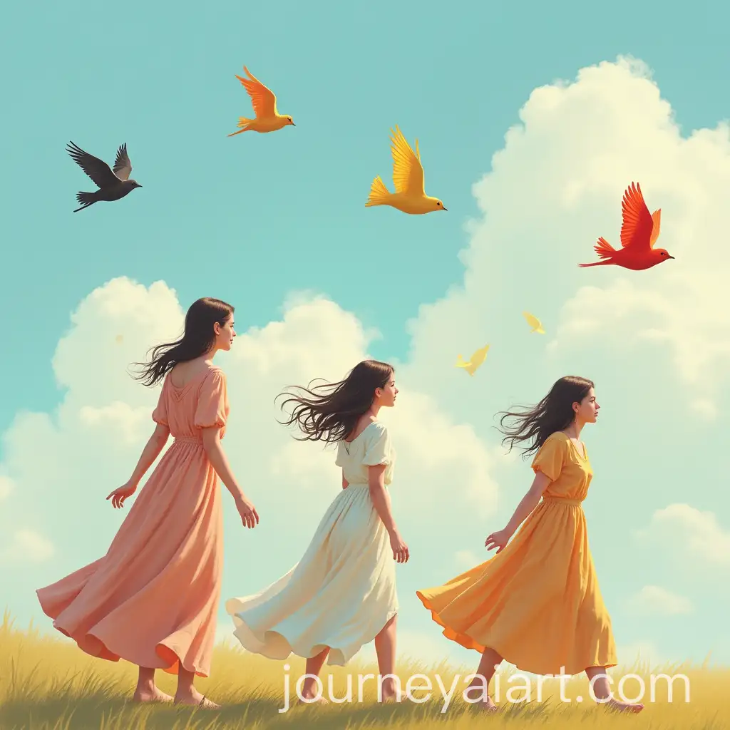 Teenage-Girls-in-Long-Dresses-with-Colorful-Birds-Flying-in-the-Sky