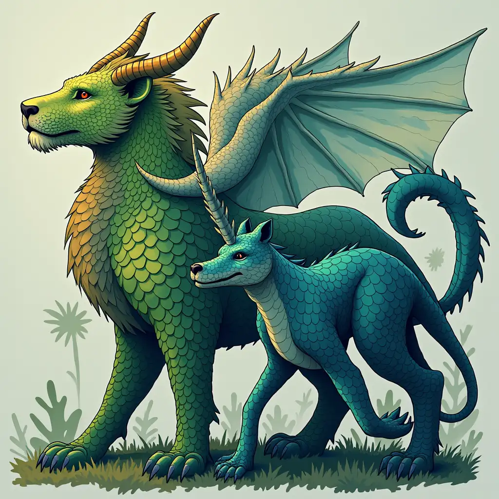 merge a lion, a bull, a dragon, a unicorn, a crocodile and a wolf. that it is mythological and that it has green and blue scales