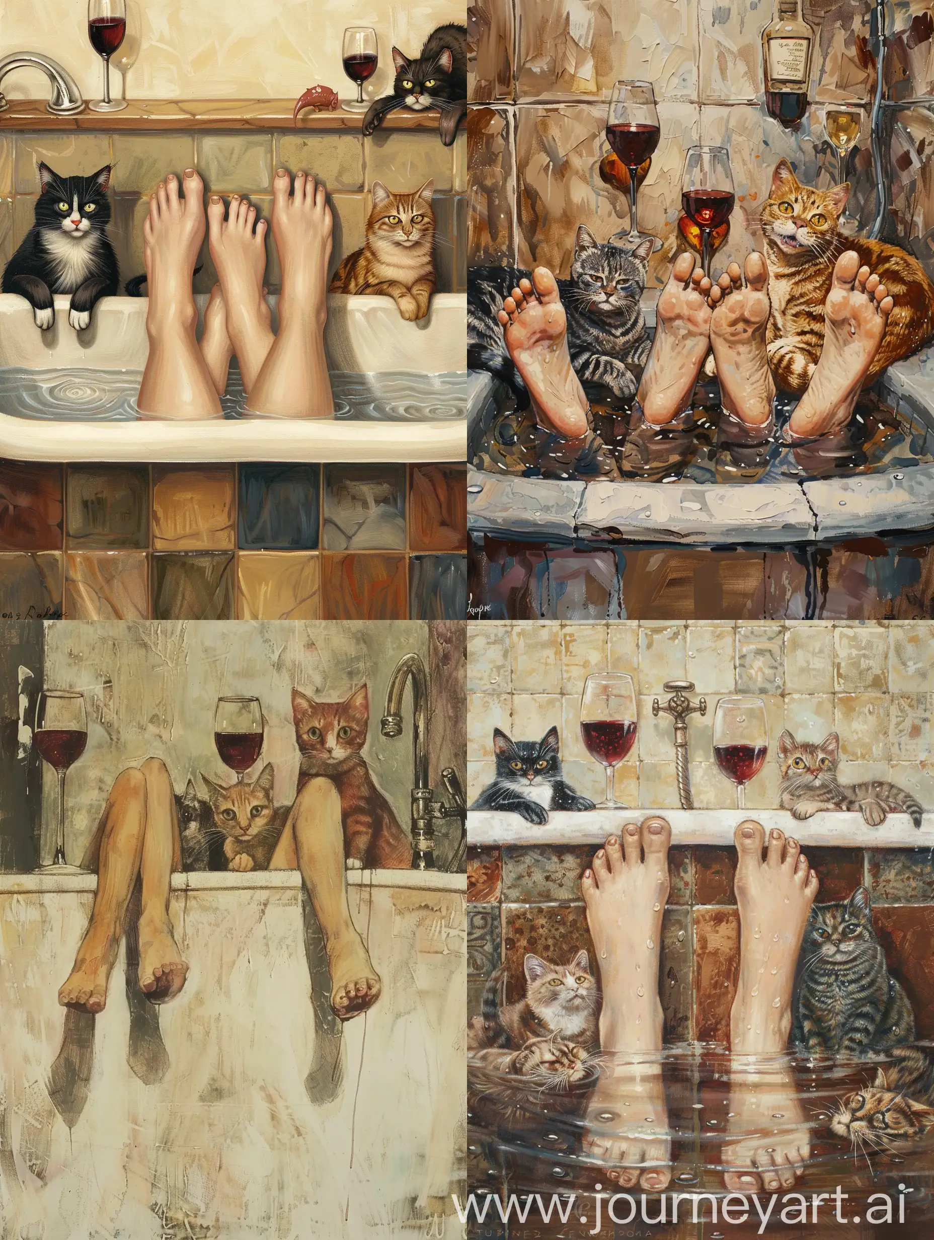 Two-People-in-Bath-with-Unhappy-Cats-and-Wine-Glasses