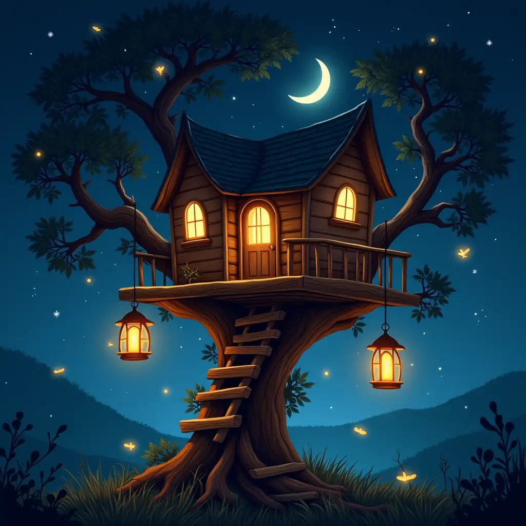 A magical treehouse at night, glowing warmly with soft lantern lights. The treehouse has a whimsical, curved roof and small, round windows. Fireflies float around, creating a dreamy atmosphere. A crescent moon shines in the deep blue sky, casting a soft glow on the wooden planks. The branches sway gently in the night breeze, and the lanterns swing slightly, adding a sense of motion. The leaves rustle, and a few stars twinkle in the background. The overall mood is enchanting, cozy, and full of fantasy, as if the treehouse belongs in a fairy tale.