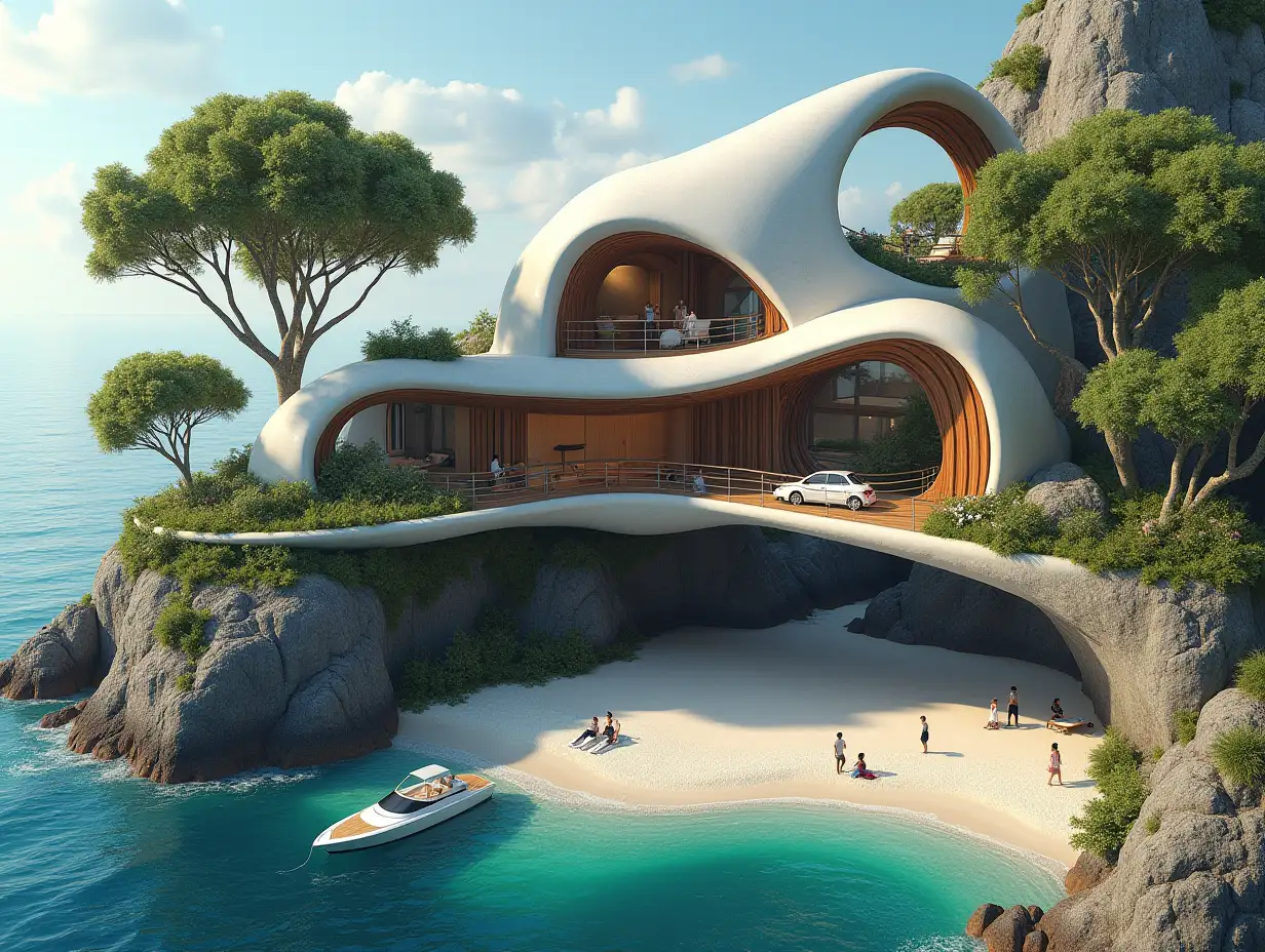 Create a high-resolution, realistic panorama image of a futuristic terrace building with a snail house window bridge, a yacht and a small beach with people, many plants and grey and brown facades with sea with waves, big trees, four o'clock in the morning 