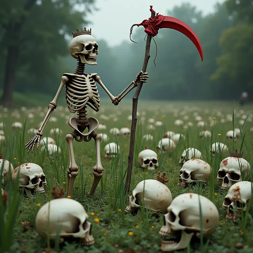 Create the image of a meadow covered with lycopodium. About twenty skulls are scattered on the ground. On some of these skulls, at random, is a crown. In the middle of the meadow, one skeleton holds a red scythe pointing at the skulls.