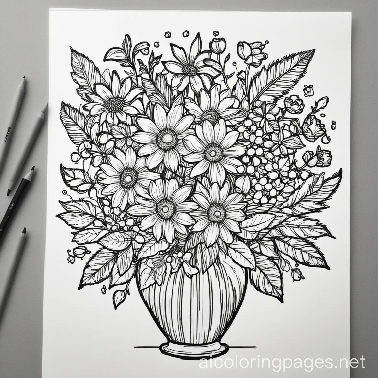 flower bouquet in a vase, Coloring Page, black and white, line art, white background, Simplicity, Ample White Space. The background of the coloring page is plain white to make it easy for young children to color within the lines. The outlines of all the subjects are easy to distinguish, making it simple for kids to color without too much difficulty