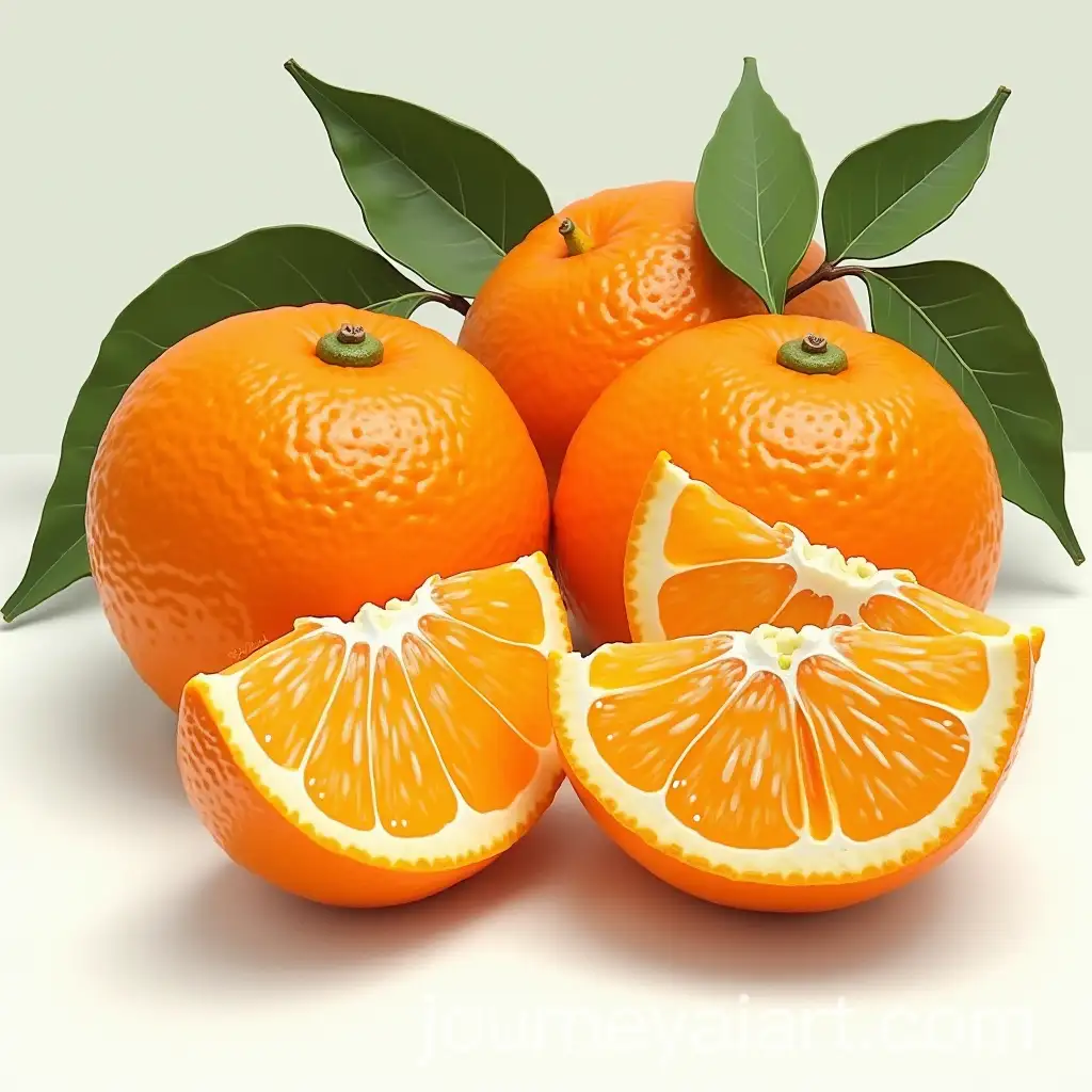 Realistic-Oil-Painting-of-Tangerines-on-White-Surface-with-Leaves-Background