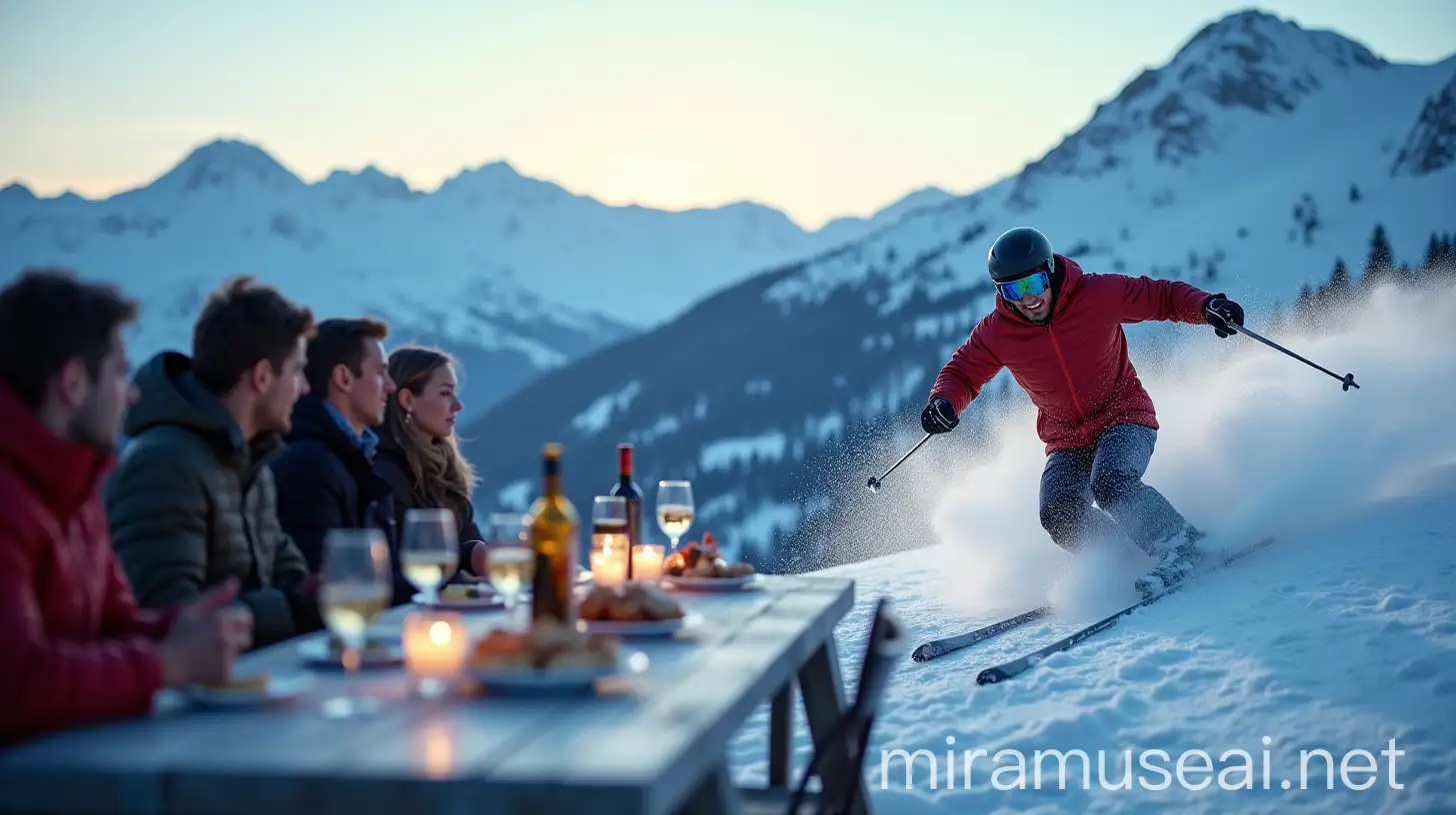 Young Adults Enjoying Wine and Appetizers in Snowy Mountain Landscape