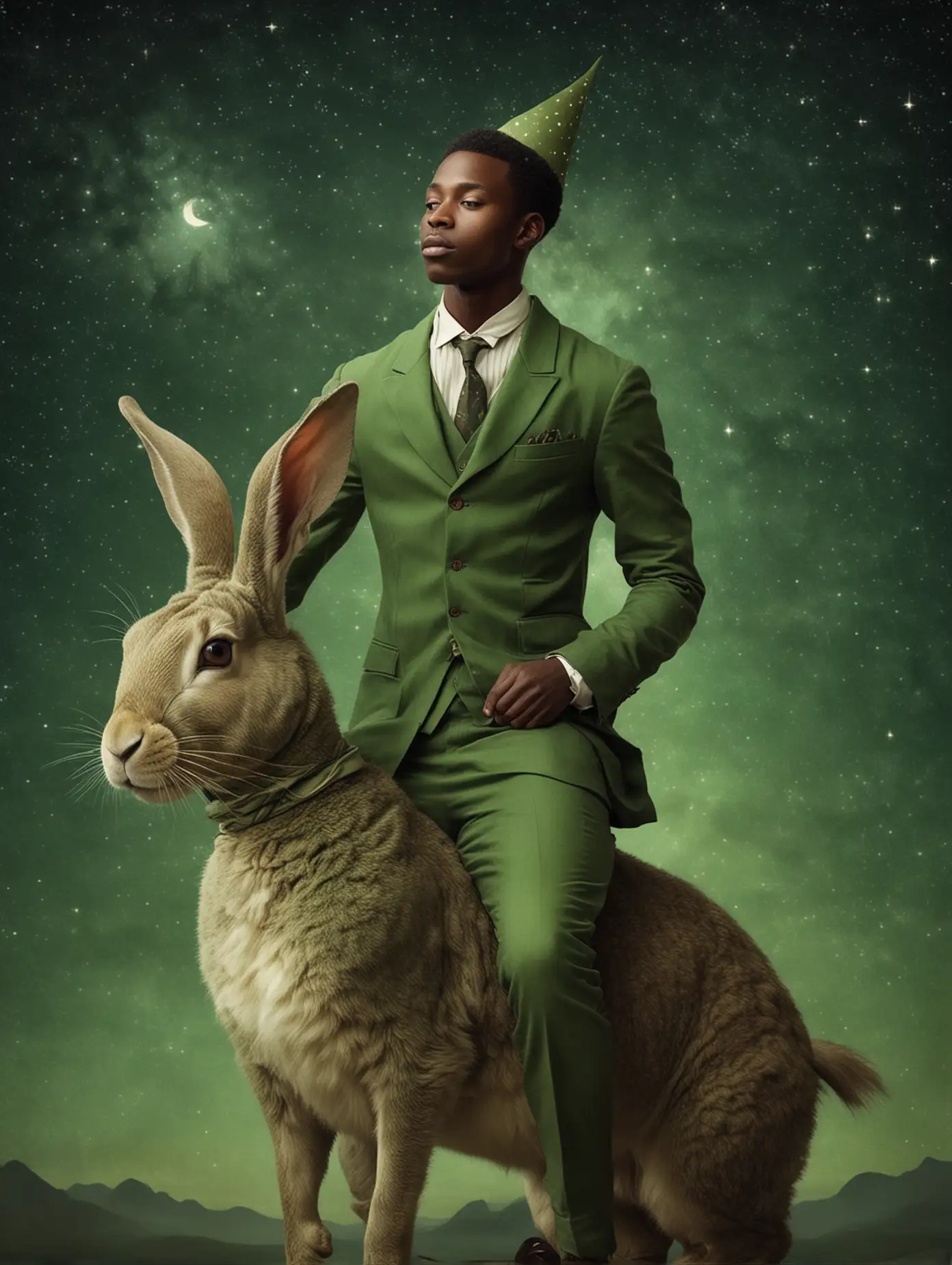 African Man in Green Suit Riding Giant Bunny Under Starry Sky