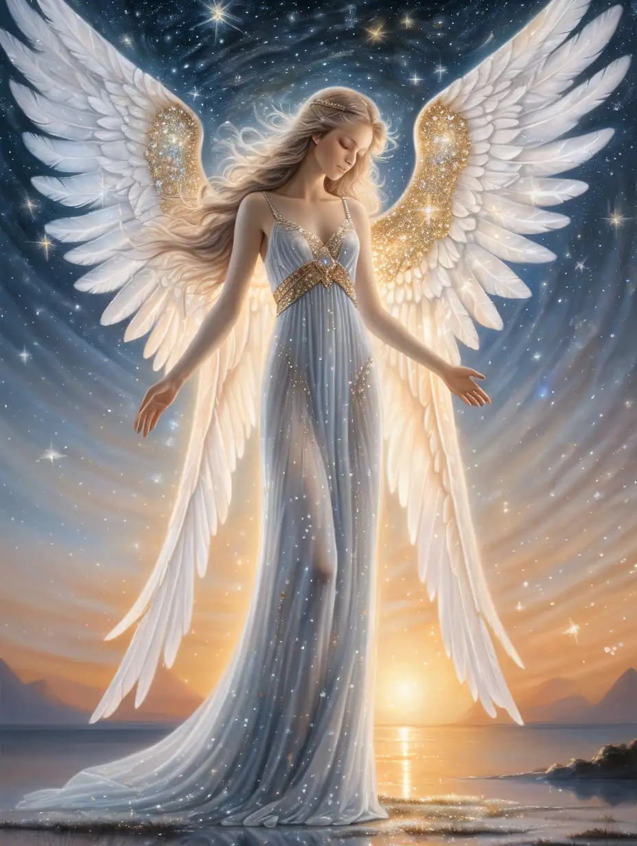 Beautiful Angel in Shimmering Dress with White Wings and Starry Sunrise