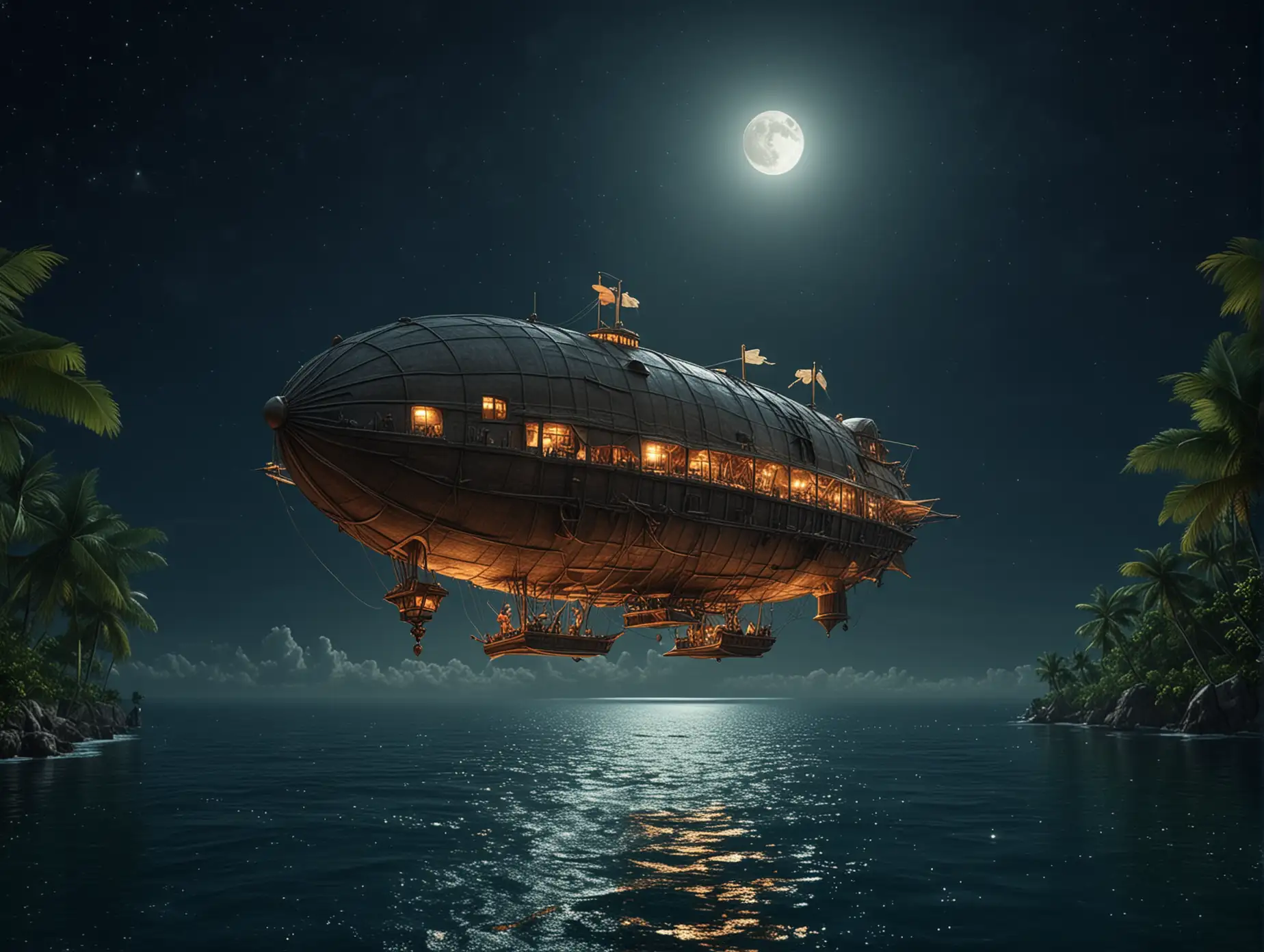 A very small fairy-tale airship flies over the tropical sea at night. The full moon shines in the sky.