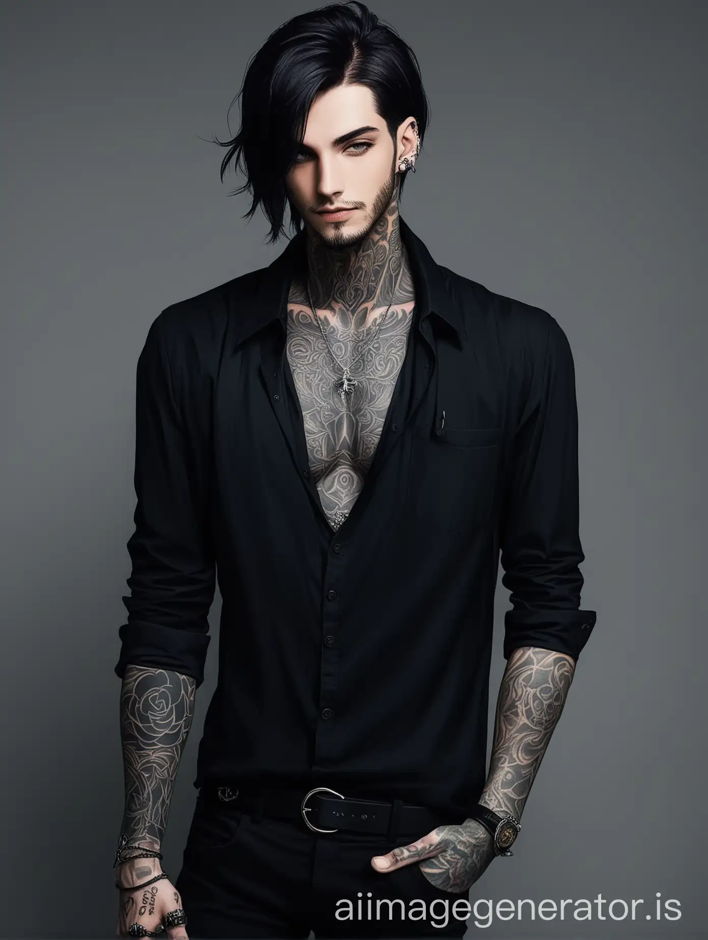 Man 30 years old, dark hair, tattoos, dark clothes, fashionable, ISTP