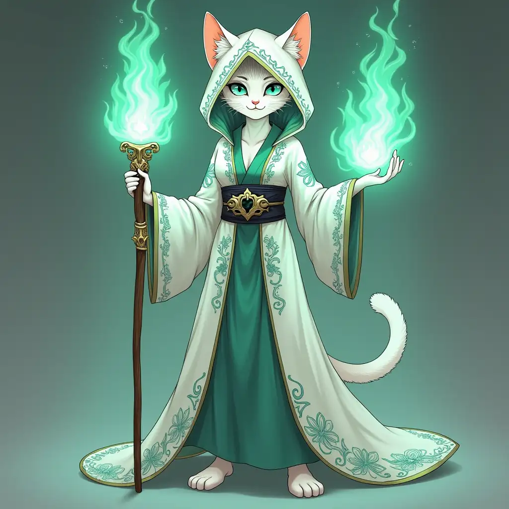 A female anthropomorphic cat character. She stands confidently in the center, wearing a flowing white hooded robe with traditional Asian-inspired designs, cinched at the waist with a dark, ornate belt. Her fur is white and silver, with piercing turquoise eyes that glow with magical energy, matching the ethereal turquoise flames emanating from their staff. Elaborate green tattoos, glowing with mystical energy, adorn their arms and possibly other visible parts of their body, suggesting a deep connection to ancient magical arts.