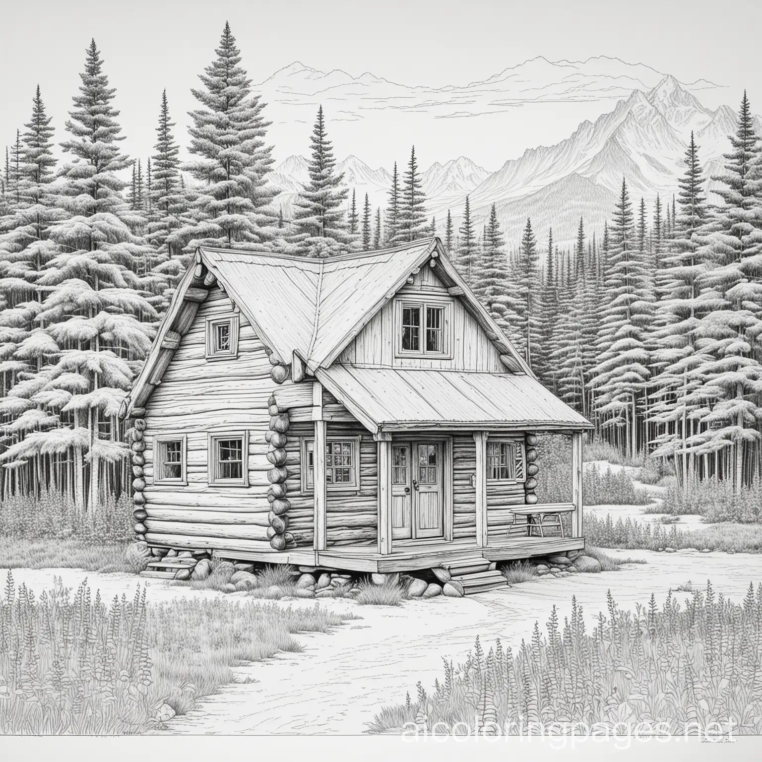 Simple-Line-Art-of-a-Cozy-Cabin-in-Alaska-for-Kids