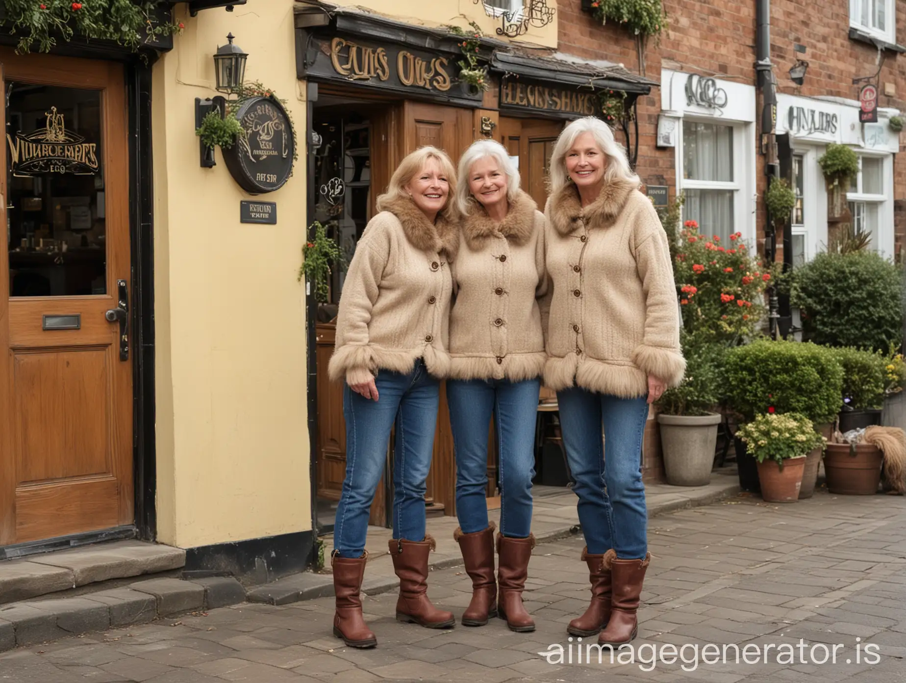 Two older looking 70 year old women with long hair, wearing fluffy fleece sweater with fur collars and cuffs, jeans and fur trimmed boots, standing outside a pub.