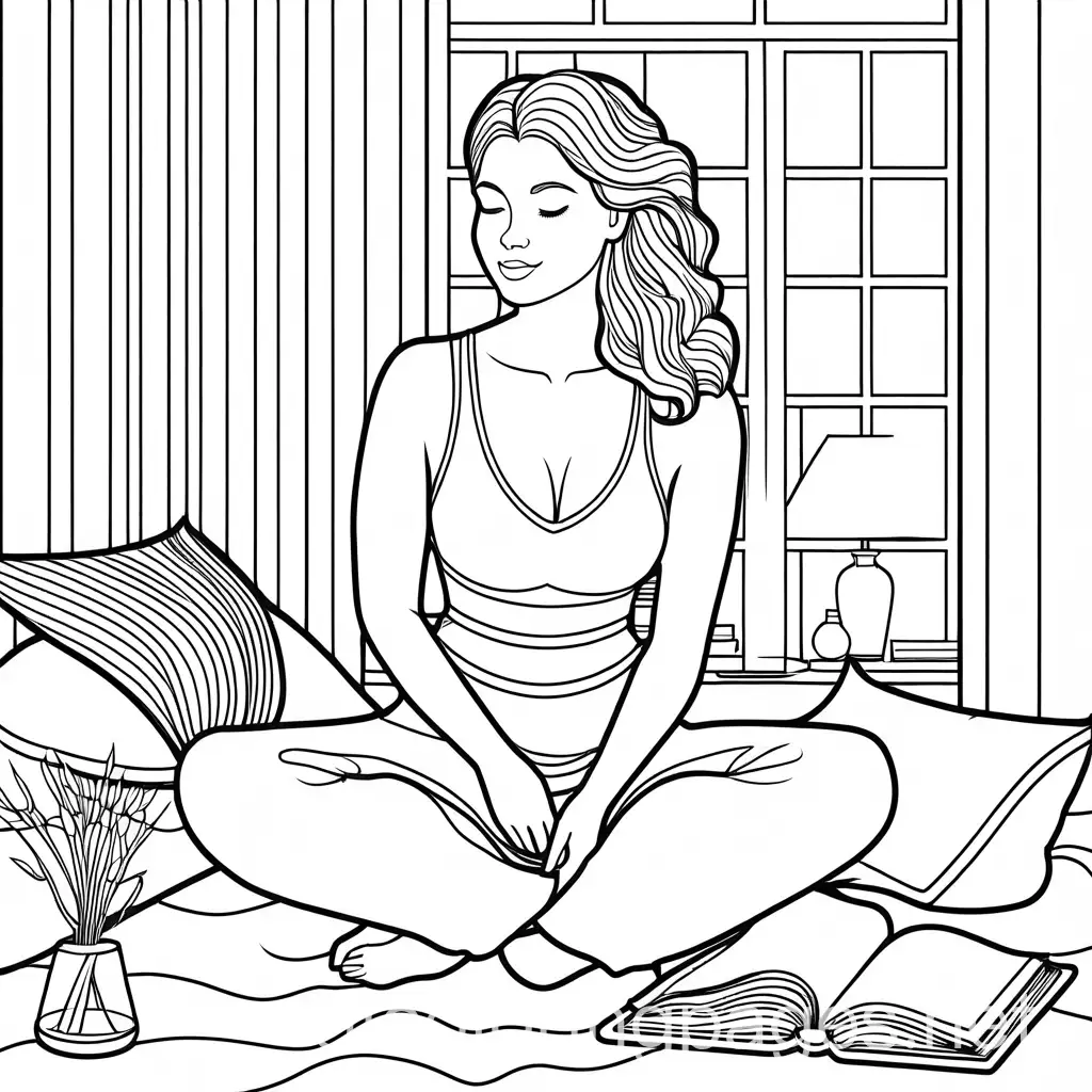 bold and easy woman doing self care aesthetic coloring page, Coloring Page, black and white, line art, white background, Simplicity, Ample White Space. The background of the coloring page is plain white to make it easy for young children to color within the lines. The outlines of all the subjects are easy to distinguish, making it simple for kids to color without too much difficulty