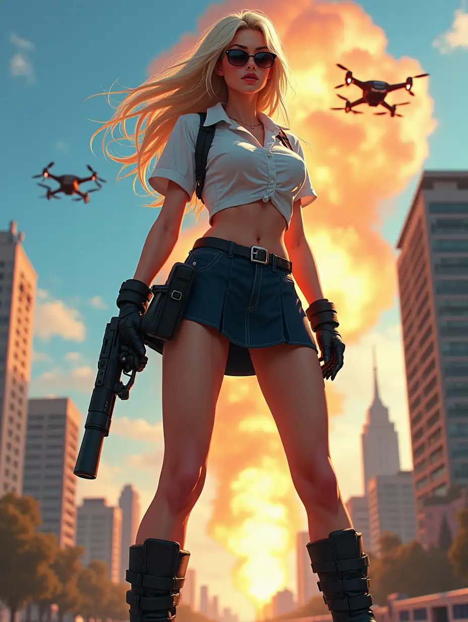 Wide-angle digital painting, (Beautiful large breast woman in stylish school uniform, extreme midriff showing, short skirt, combat boots, and sunglasses : 1.3), Triangular composition, Dynamic full-length pose, Confident expression, (Armed mercenary: 1.3), Gun grip, Supporting pose, City background, Skyscrapers in the distance, nuclear explosion in extreme distance, two small targeting drones above, (Bright sunlight: 1.2), Sharp contrasts, Bold colors, Clear details. female mercenary in cool cyberpunk style in colorful fantasy style, realism, post-apocalyptic landscape, cartel, bald rod, oil painting, rod Nostalgia, strong emotions, low angle, high detail, sharp focus